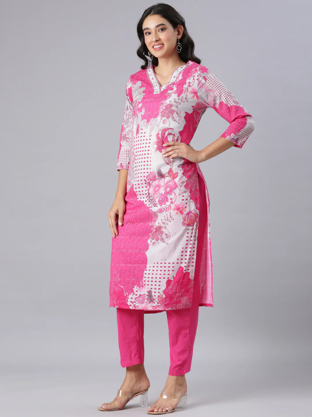 Neerus Pink Printed Straight Kurta And Trousers With Dupatta - Image 2