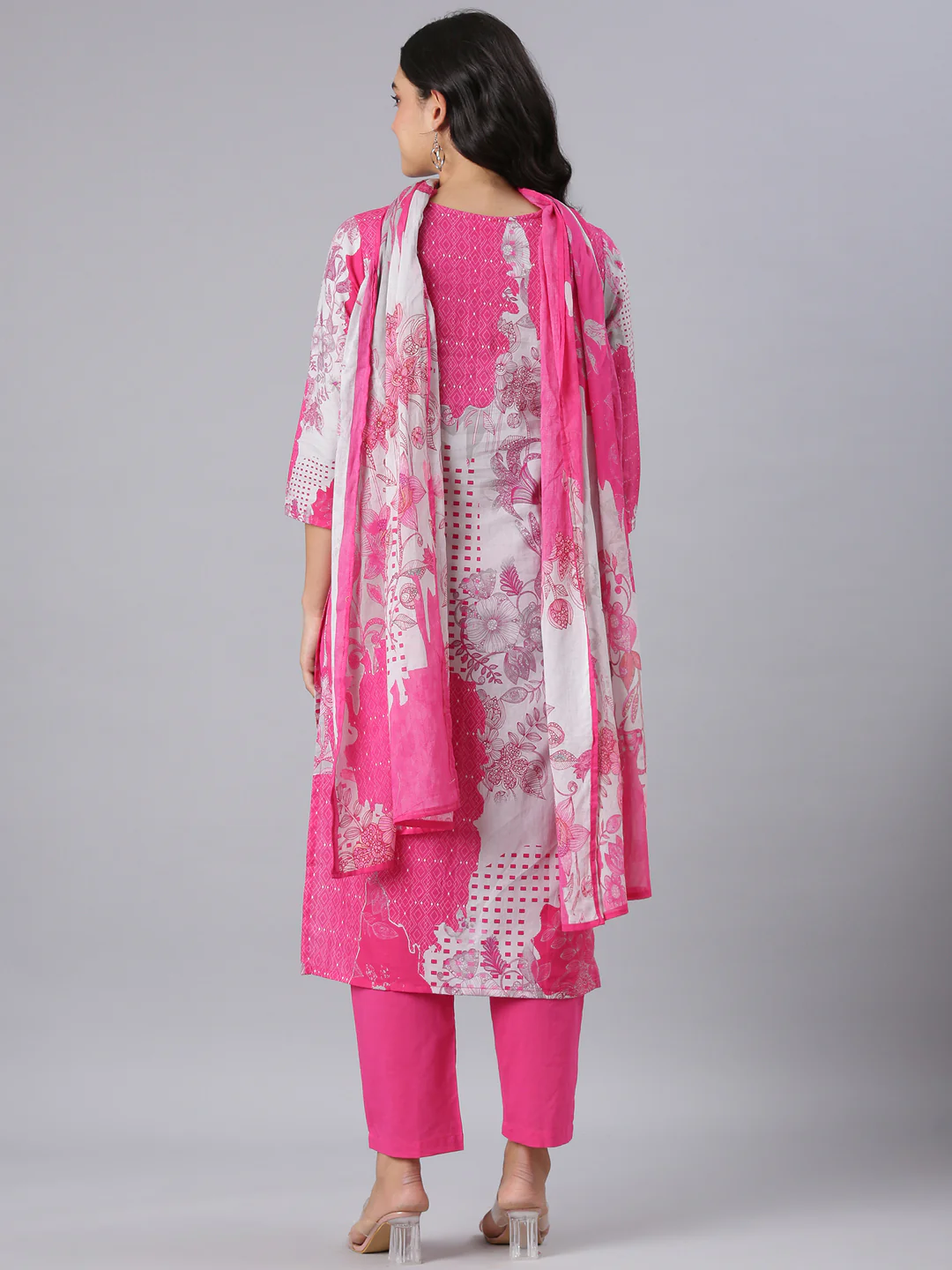 Neerus Pink Printed Straight Kurta And Trousers With Dupatta - Image 3