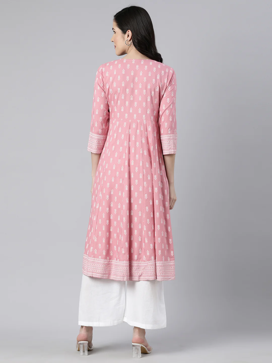 Neerus Pink Regular Anarkali Floral Kurta - Image 3
