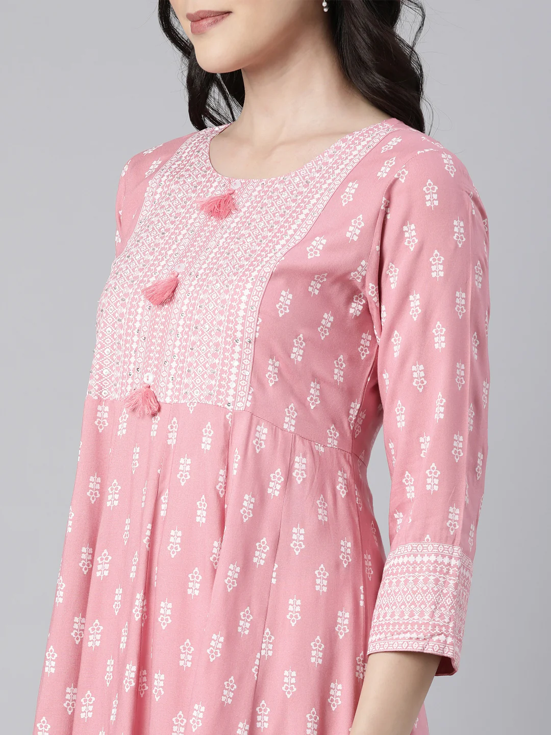 Neerus Pink Regular Anarkali Floral Kurta - Image 4