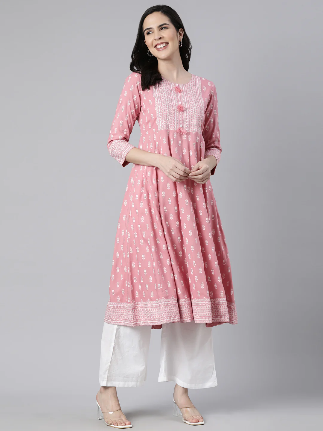 Neerus Pink Regular Anarkali Floral Kurta - Image 5