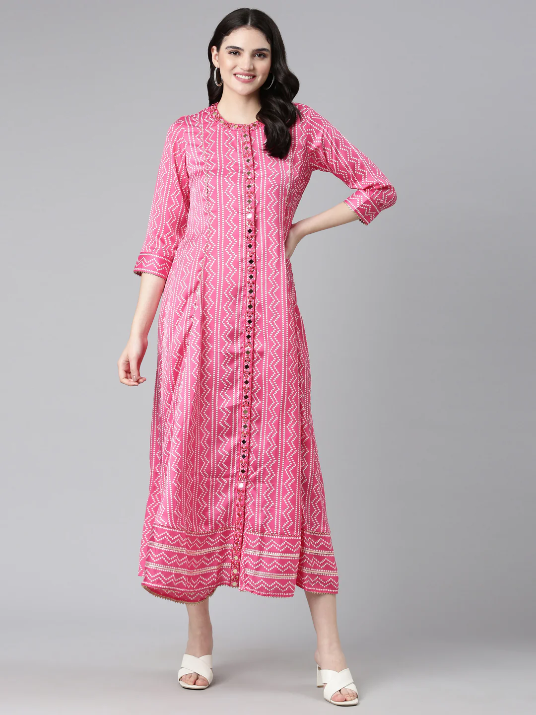 Neerus Pink Regular Anarkali Printed Kurta - Image 5