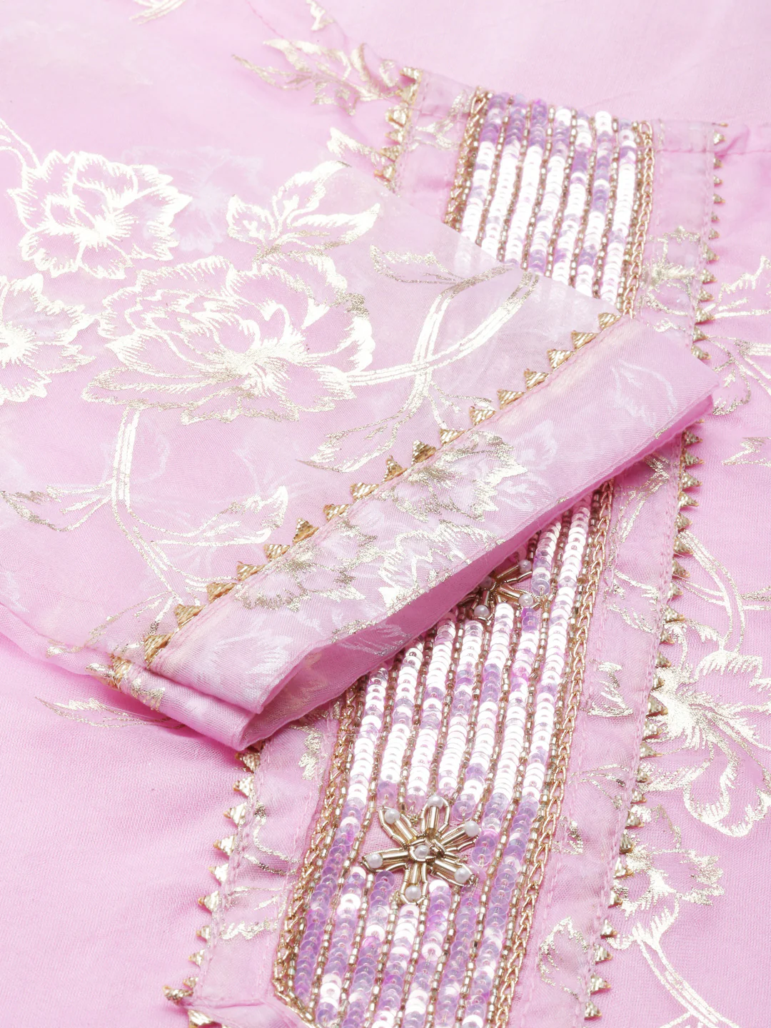 Neerus Pink Regular Calf Length Printed Kurta Solid Palazzos With Dupatta - Image 5