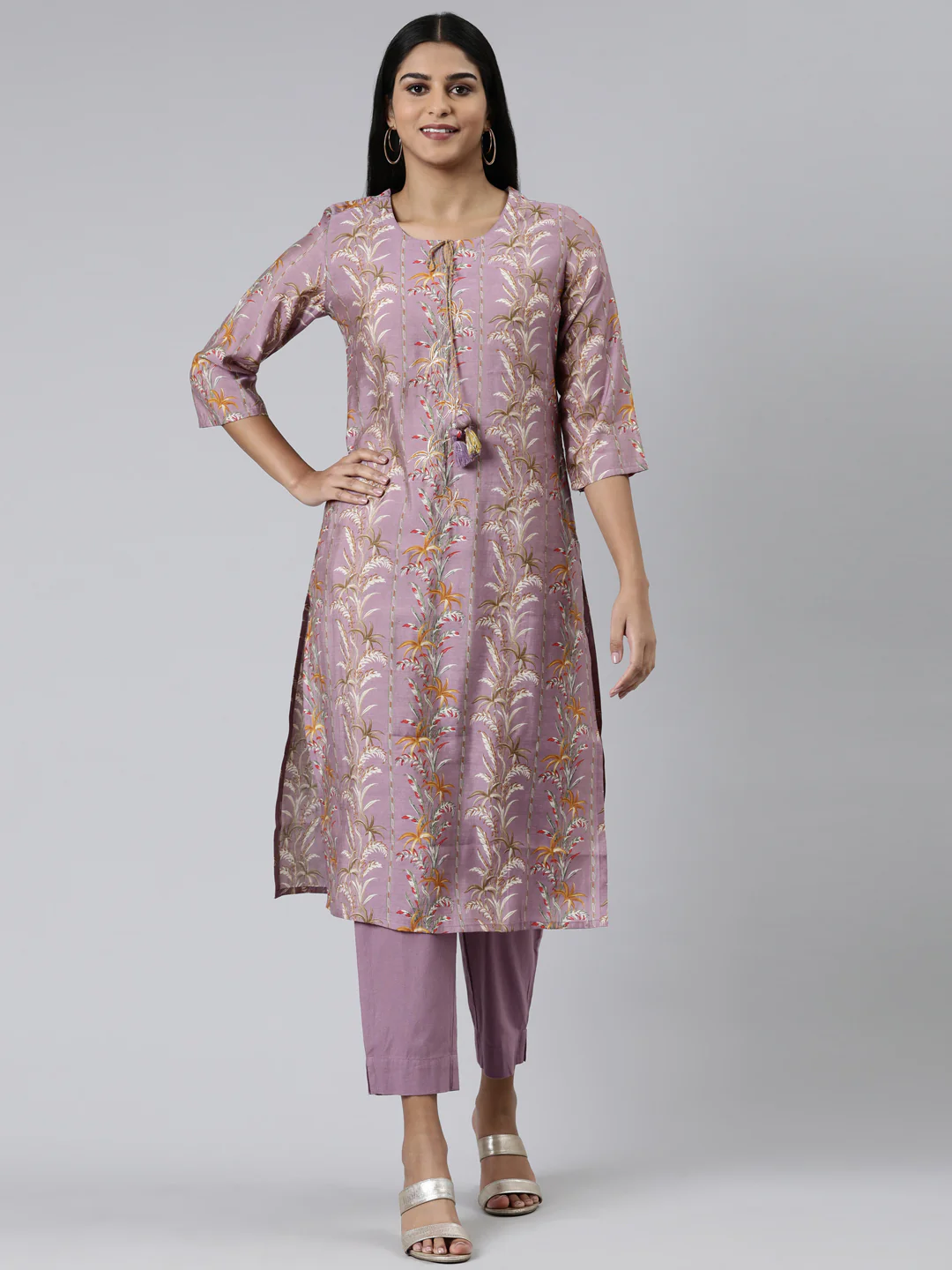 Neerus Pink Regular Calf Length Printed Kurta Solid Trousers
