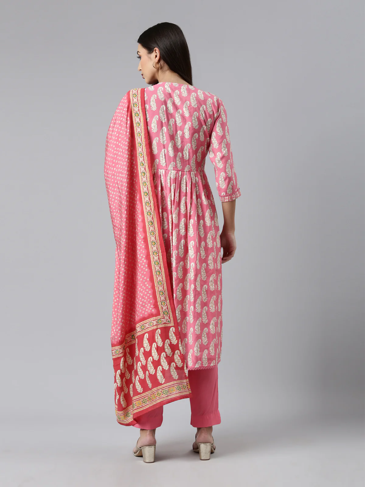 Neerus Pink Regular Calf Length Printed Kurta Solid Trousers With Dupatta - Image 3