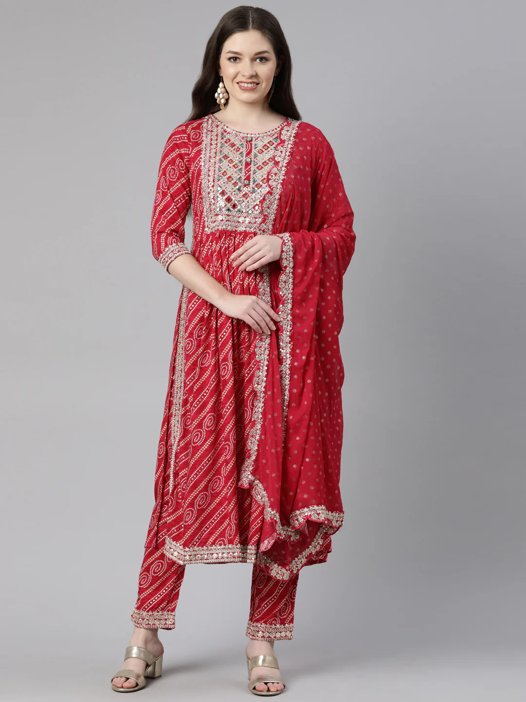 Neerus Pink Regular Calf Length Printed Kurta Solid Trousers With Dupatta
