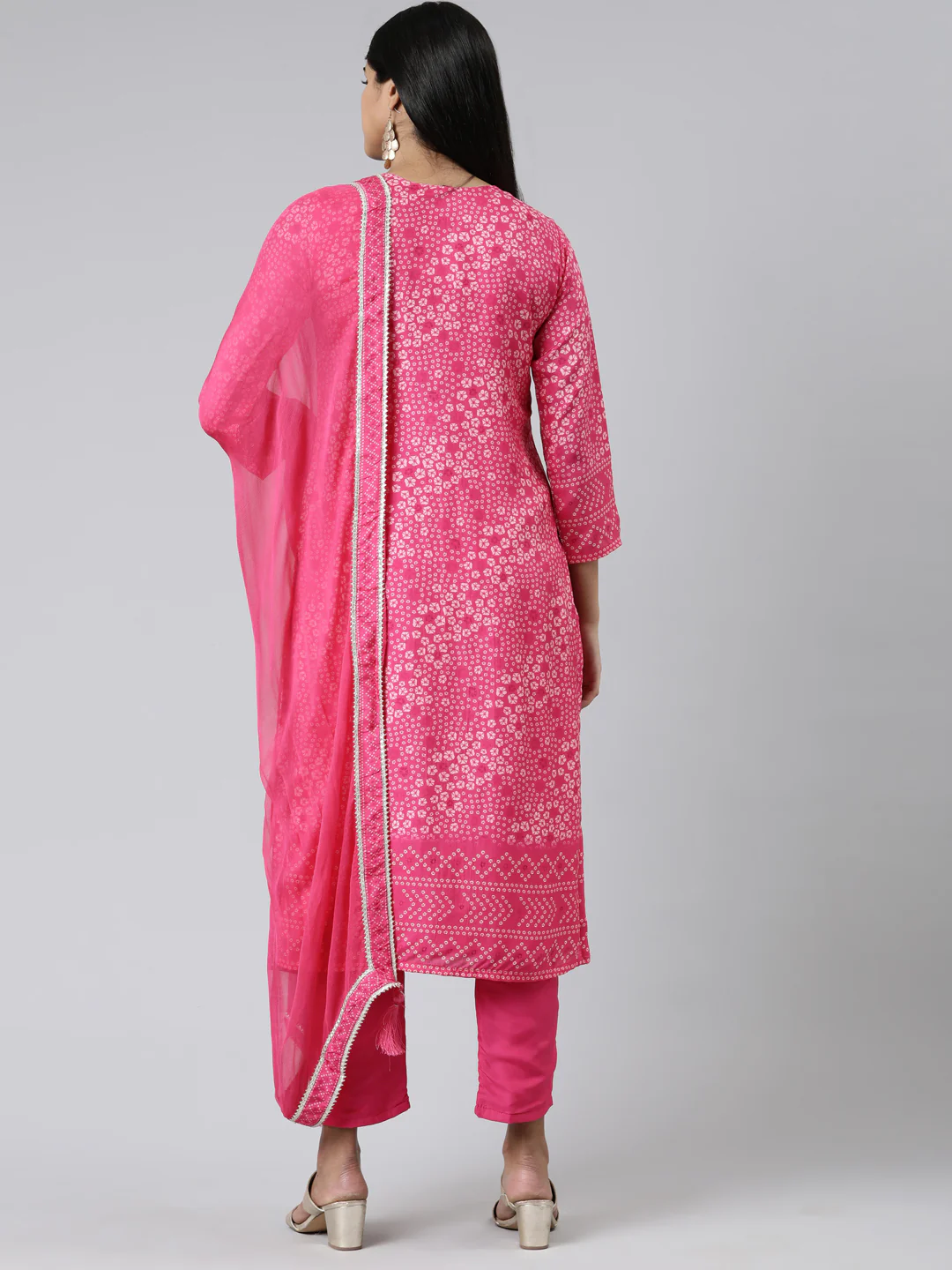 Neerus Pink Regular Calf Length Printed Kurta Solid Trousers With Dupatta - Image 3