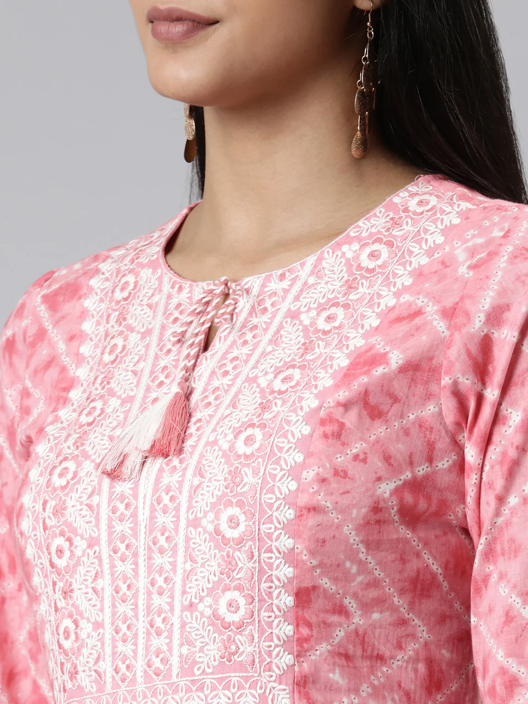 Neerus Pink Regular Calf Length Printed Kurta Solid Trousers With Dupatta - Image 4