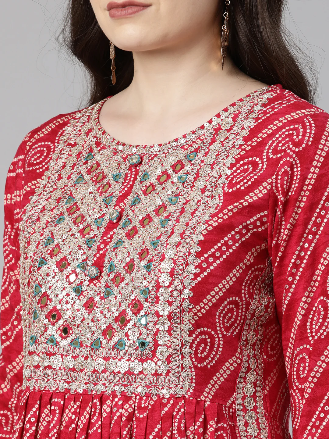 Neerus Pink Regular Calf Length Printed Kurta Solid Trousers With Dupatta - Image 5