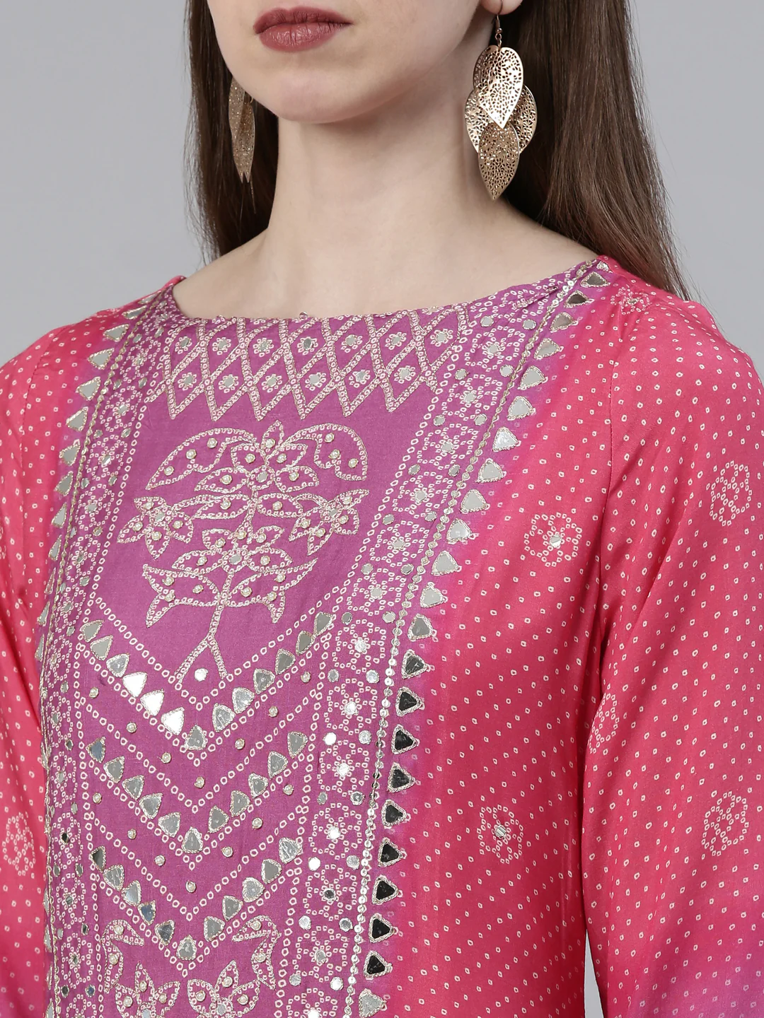 Neerus Pink Regular Knee Length Printed Kurta Printed Palazzos With Dupatta - Image 4