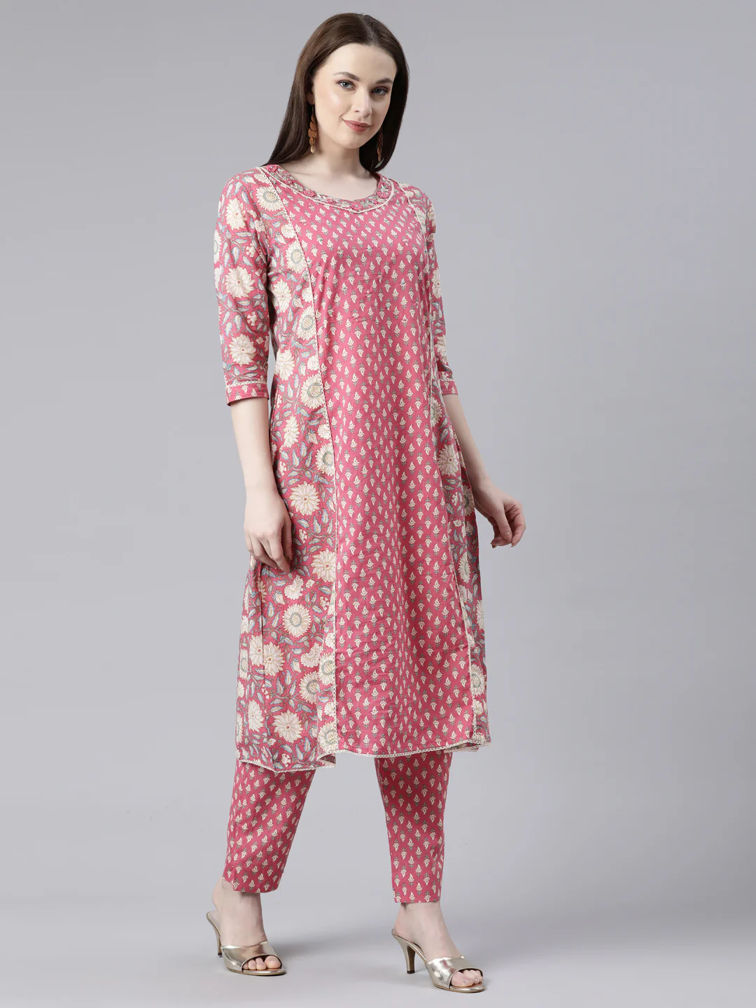 Neerus Pink Regular Knee Length Printed Kurta Printed Trousers With Dupatta - Image 2
