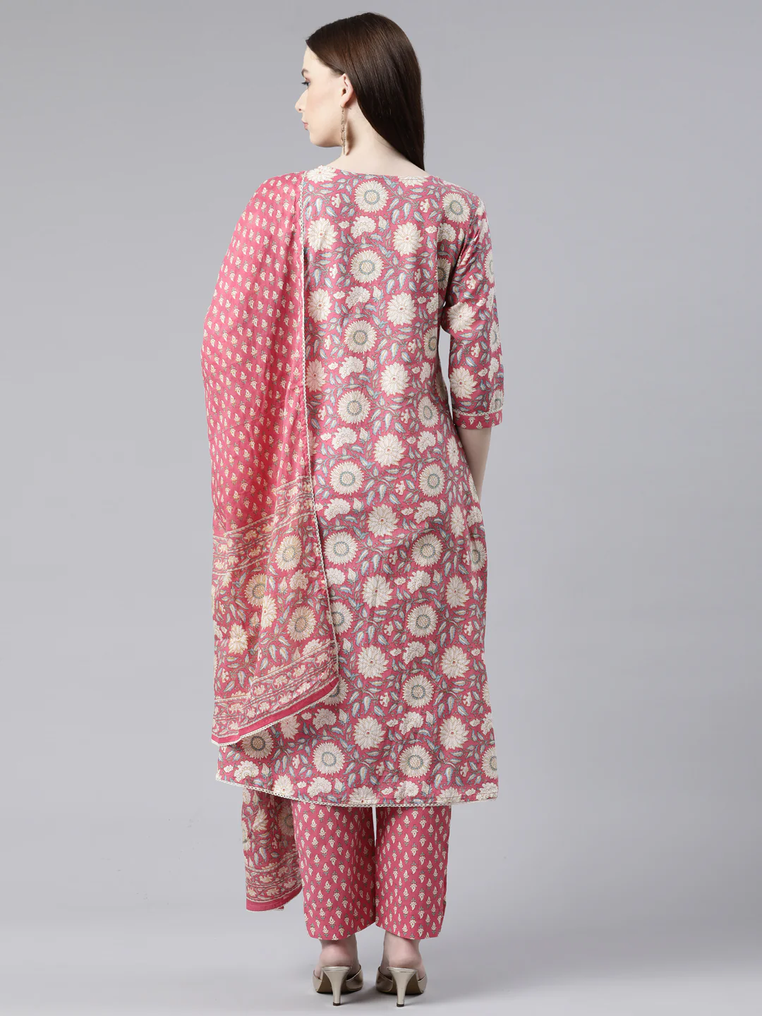 Neerus Pink Regular Knee Length Printed Kurta Printed Trousers With Dupatta - Image 3