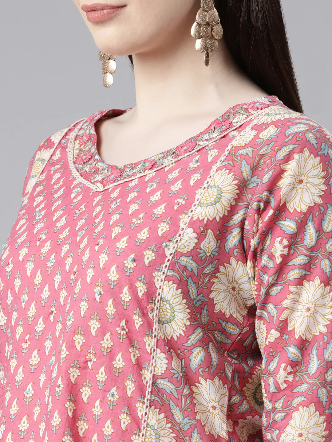 Neerus Pink Regular Knee Length Printed Kurta Printed Trousers With Dupatta - Image 4