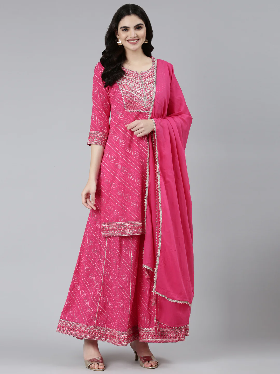 Neerus Pink Regular Straight Bandhani Kurta Sets And Palazzos With Dupatta - Image 5