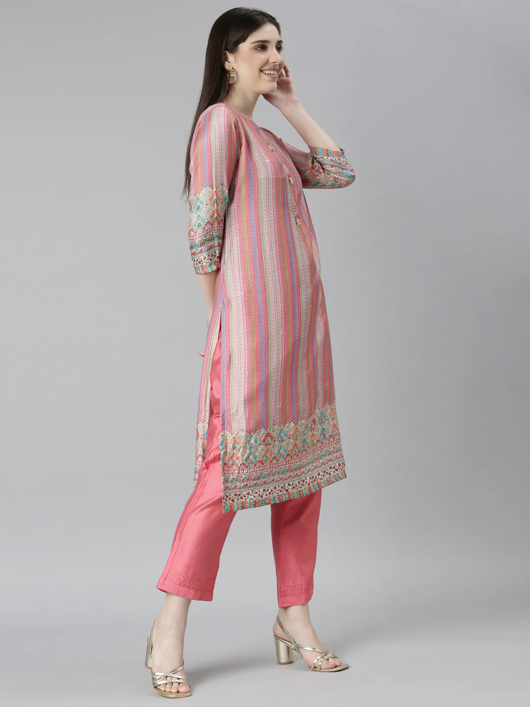 Neerus Pink Regular Straight Chevron Kurta And Trousers With Dupatta - Image 2