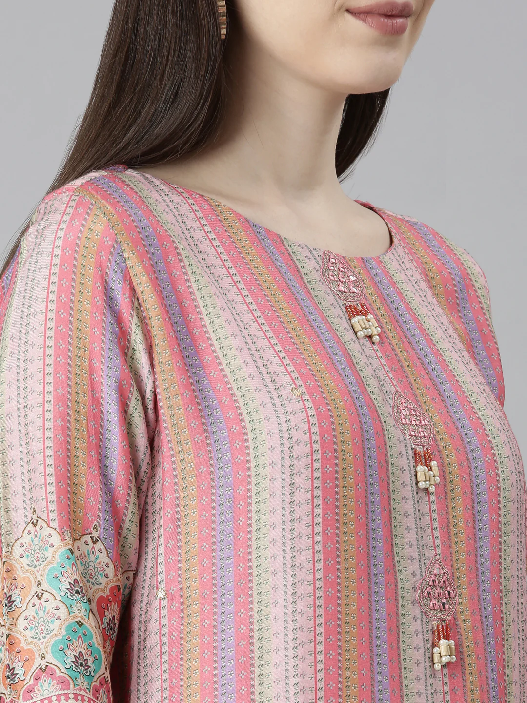 Neerus Pink Regular Straight Chevron Kurta And Trousers With Dupatta - Image 5