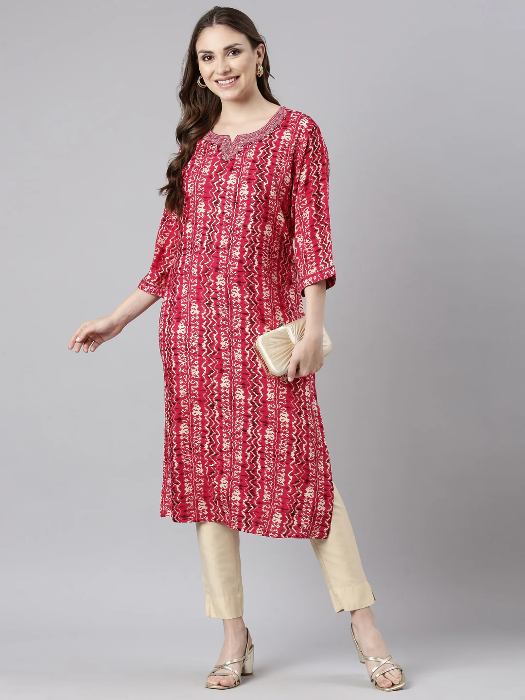 Neerus Pink Regular Straight Chevron Kurta - Image 5