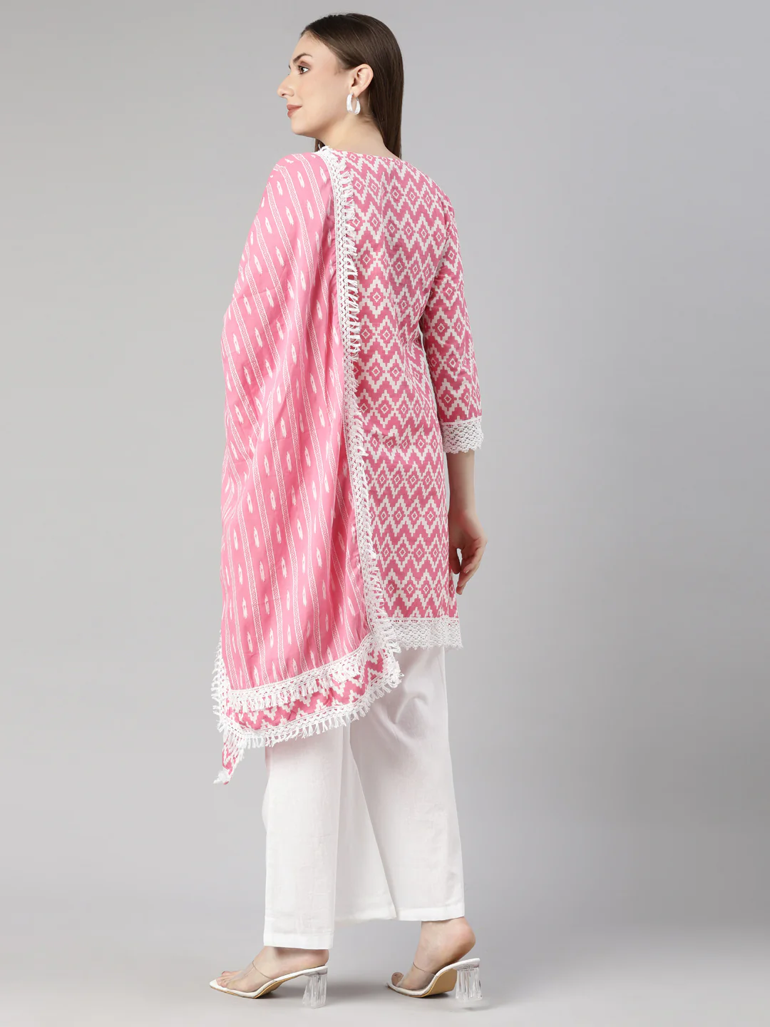 Neerus Pink Regular Straight Chevron Kurti And Palazzos With Dupatta - Image 3