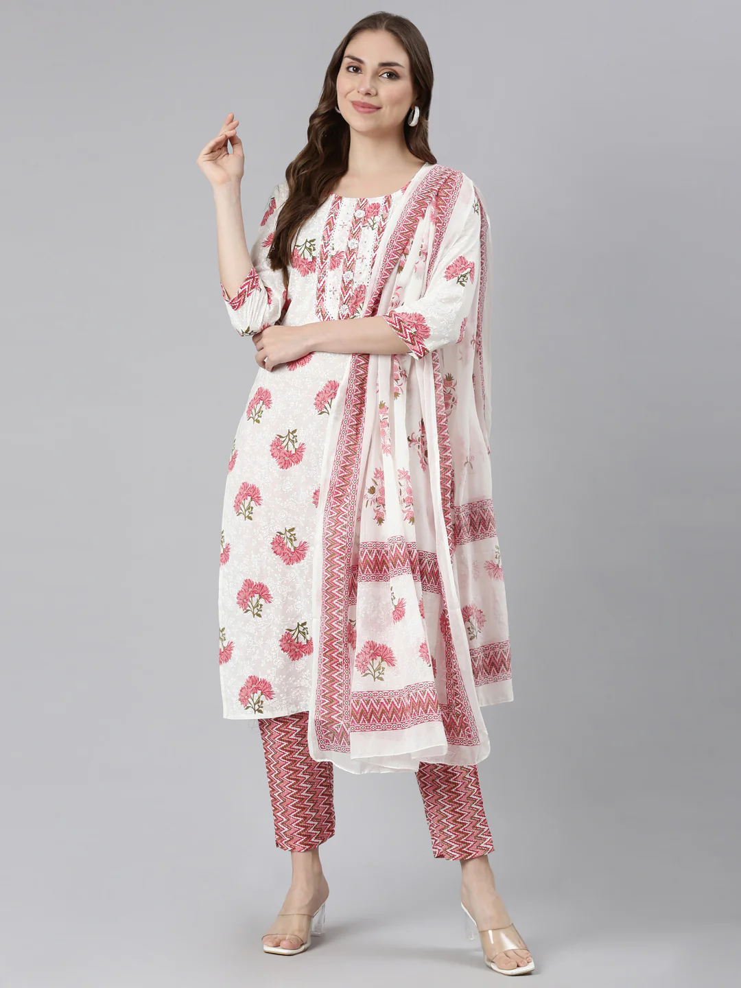 Neerus Pink Regular Straight Embroidered Kurta and Trousers - Image 5