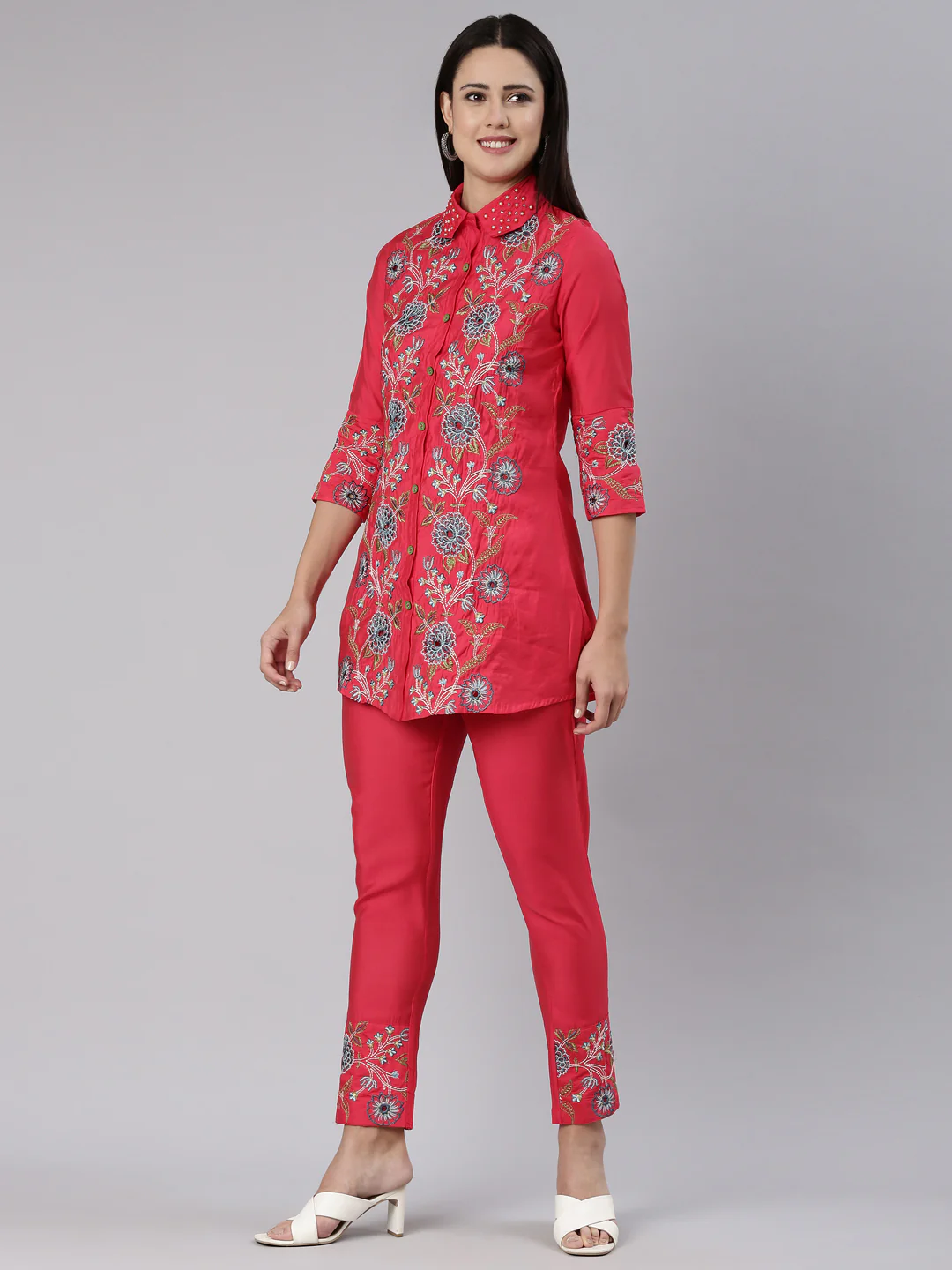 Neerus Pink Regular Straight Embroidered Co-Ords set - Image 2