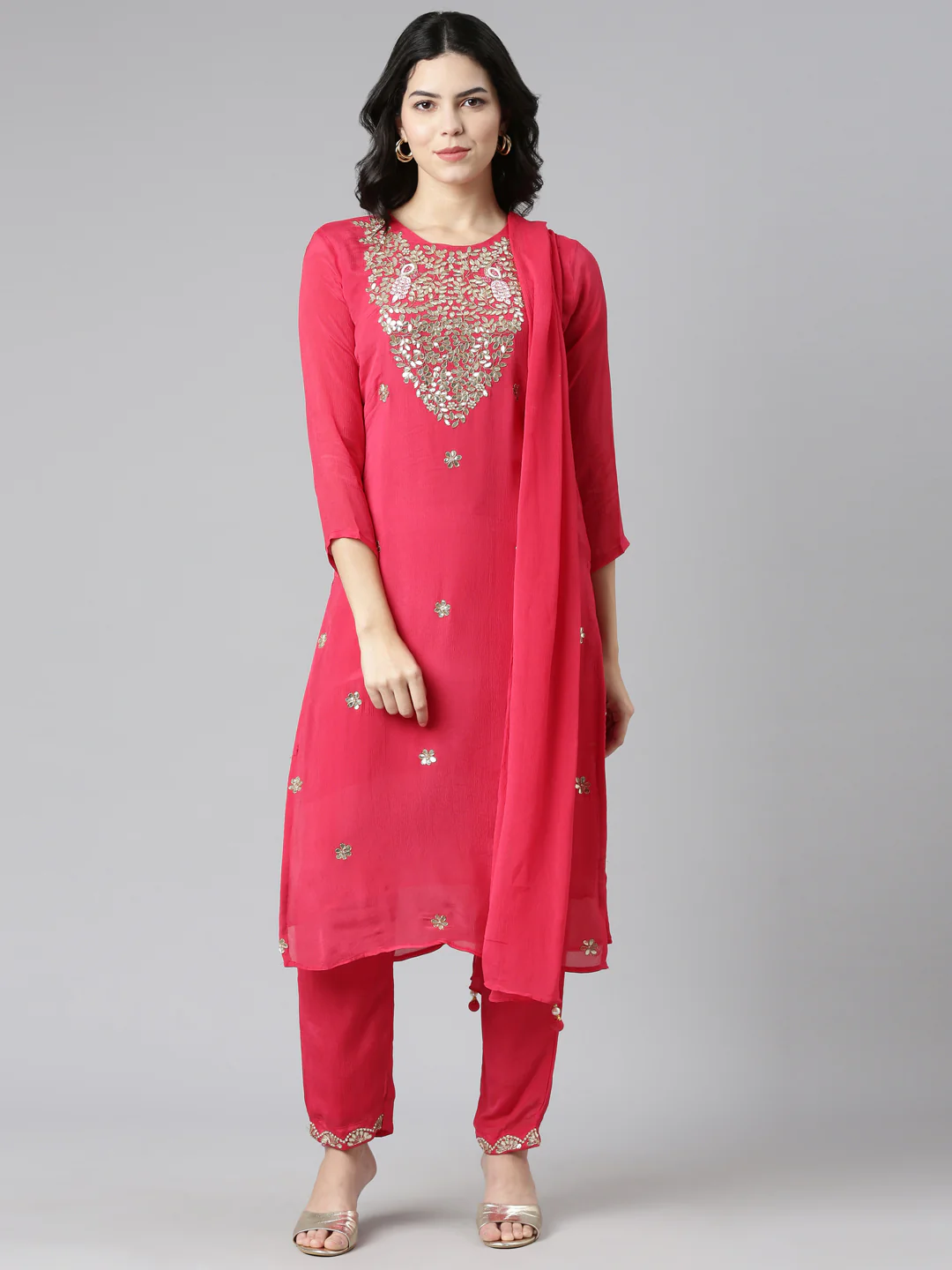 Neerus Pink Regular Straight Embroidered Kurta And Trousers With Dupatta