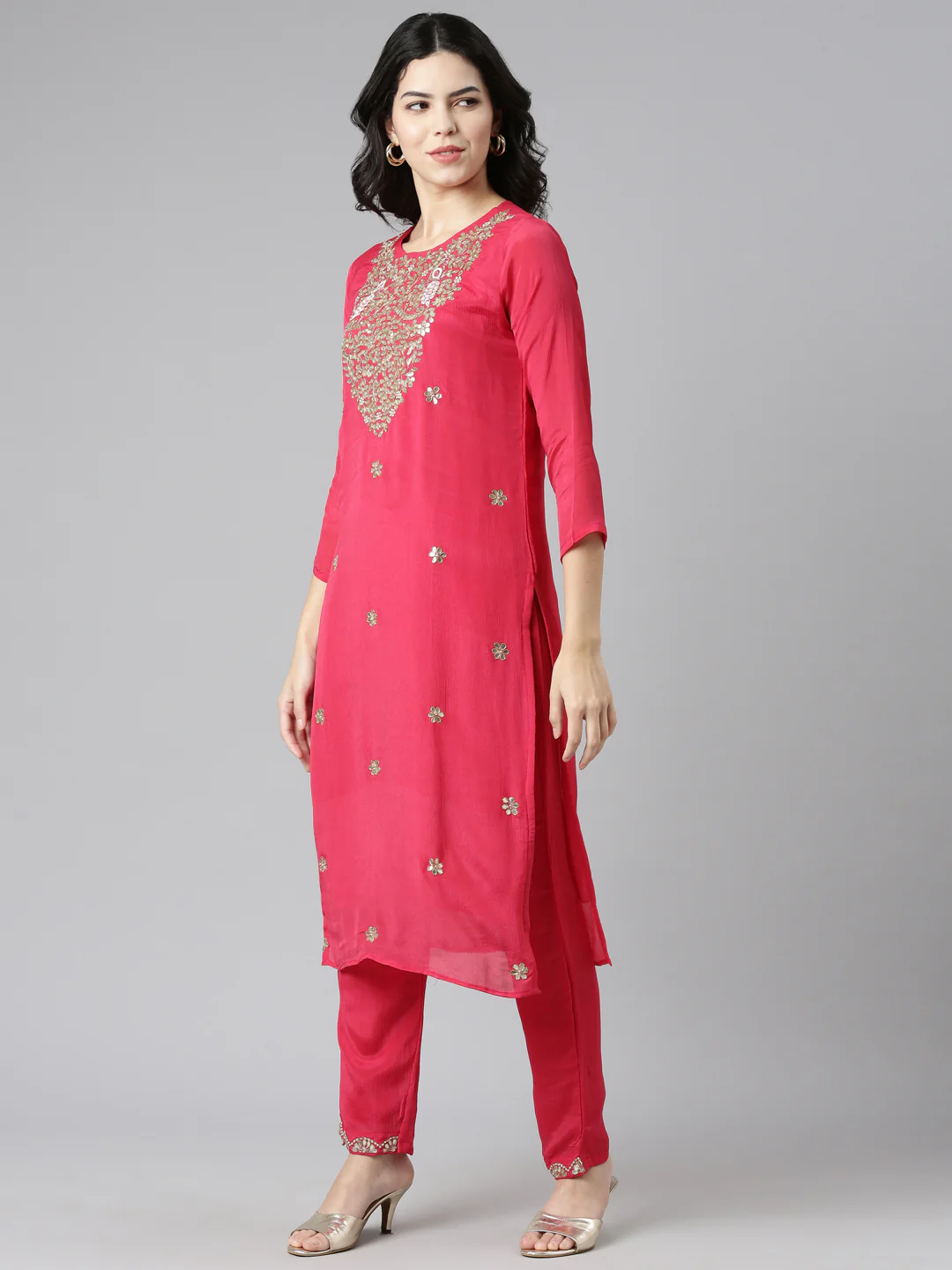 Neerus Pink Regular Straight Embroidered Kurta And Trousers With Dupatta - Image 2