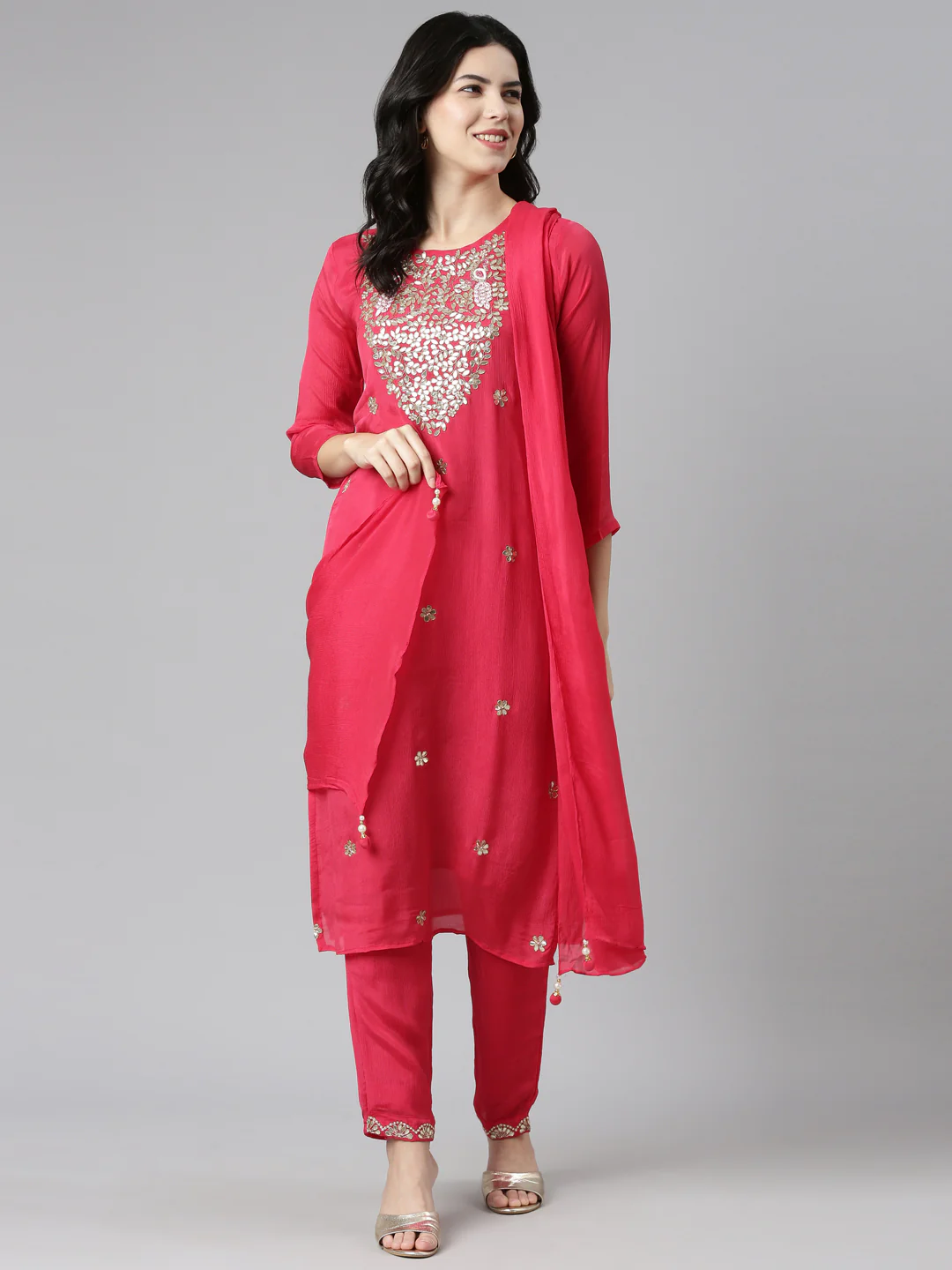 Neerus Pink Regular Straight Embroidered Kurta And Trousers With Dupatta - Image 5