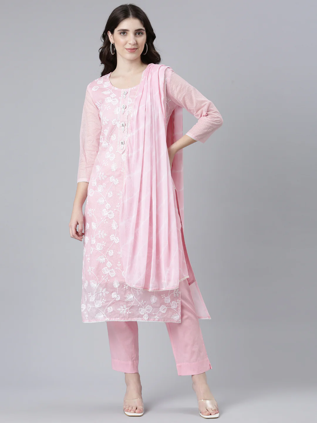Neerus Pink Regular Straight Embroidered Kurta And Trousers With Dupatta