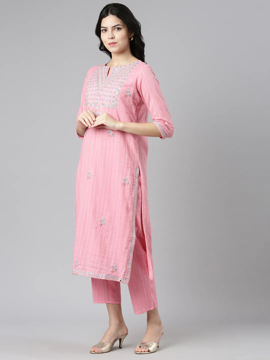 Neerus Pink Regular Straight Embroidered Kurta And Trousers With Dupatta - Image 2