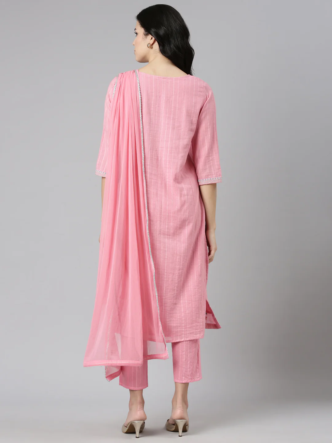 Neerus Pink Regular Straight Embroidered Kurta And Trousers With Dupatta - Image 3