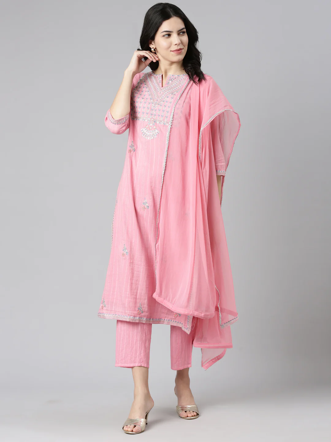 Neerus Pink Regular Straight Embroidered Kurta And Trousers With Dupatta - Image 5