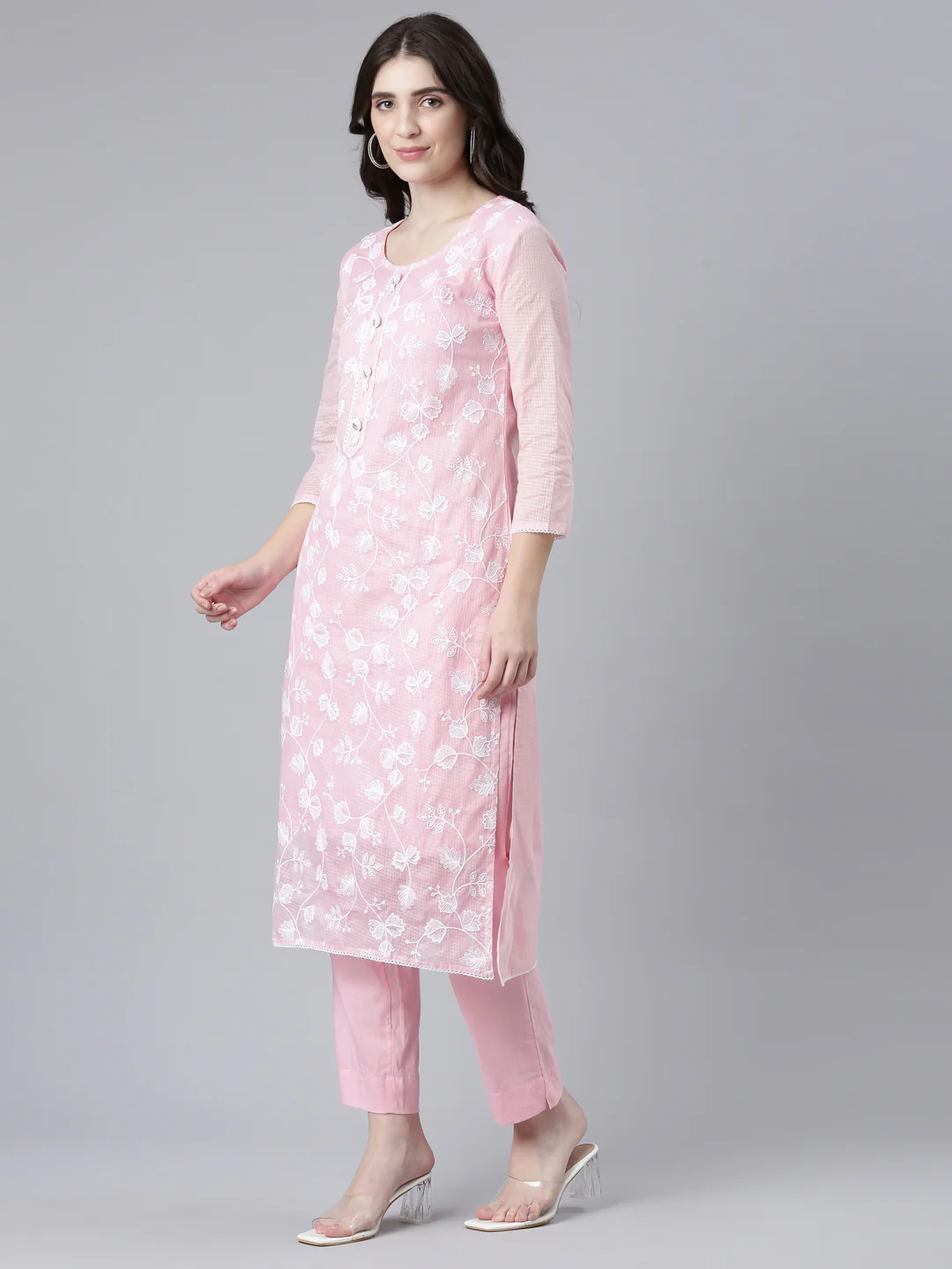 Neerus Pink Regular Straight Embroidered Kurta And Trousers With Dupatta - Image 2