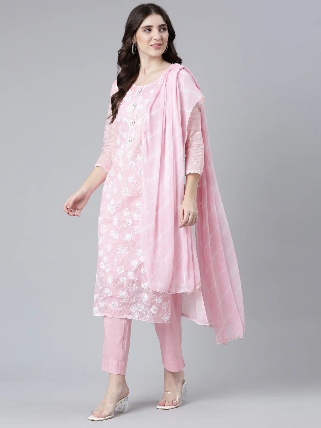 Neerus Pink Regular Straight Embroidered Kurta And Trousers With Dupatta - Image 5