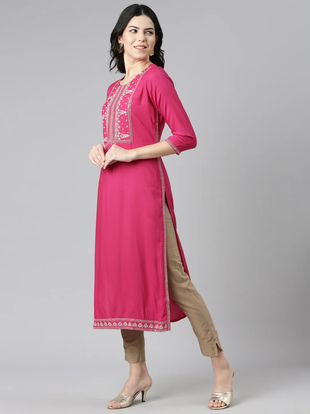Neerus Pink Regular Straight Embroidered Kurta - Image 2