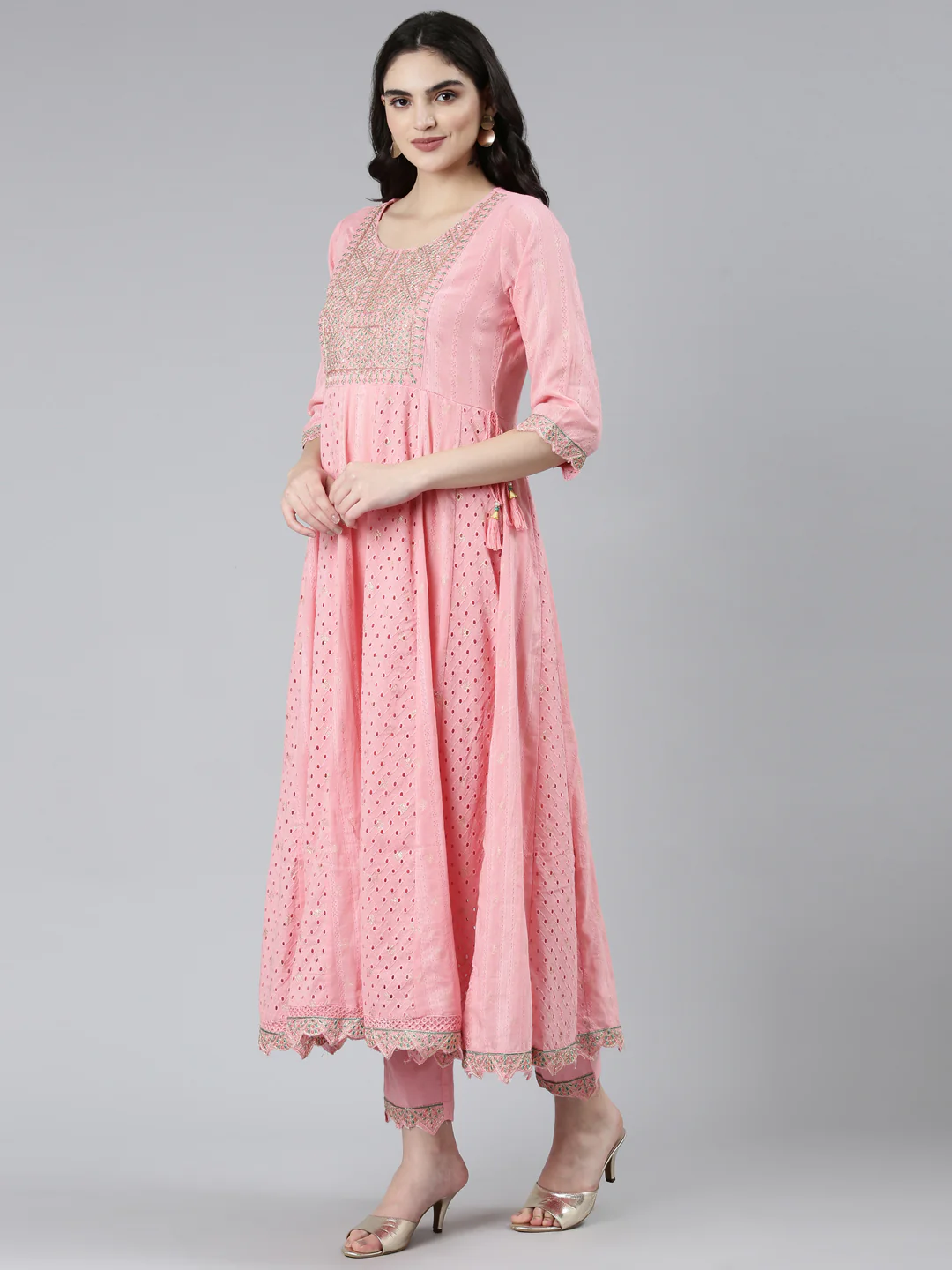 Neerus Pink Regular Straight Ethnic Motifs Kurta Sets And Trousers With Dupatta - Image 2