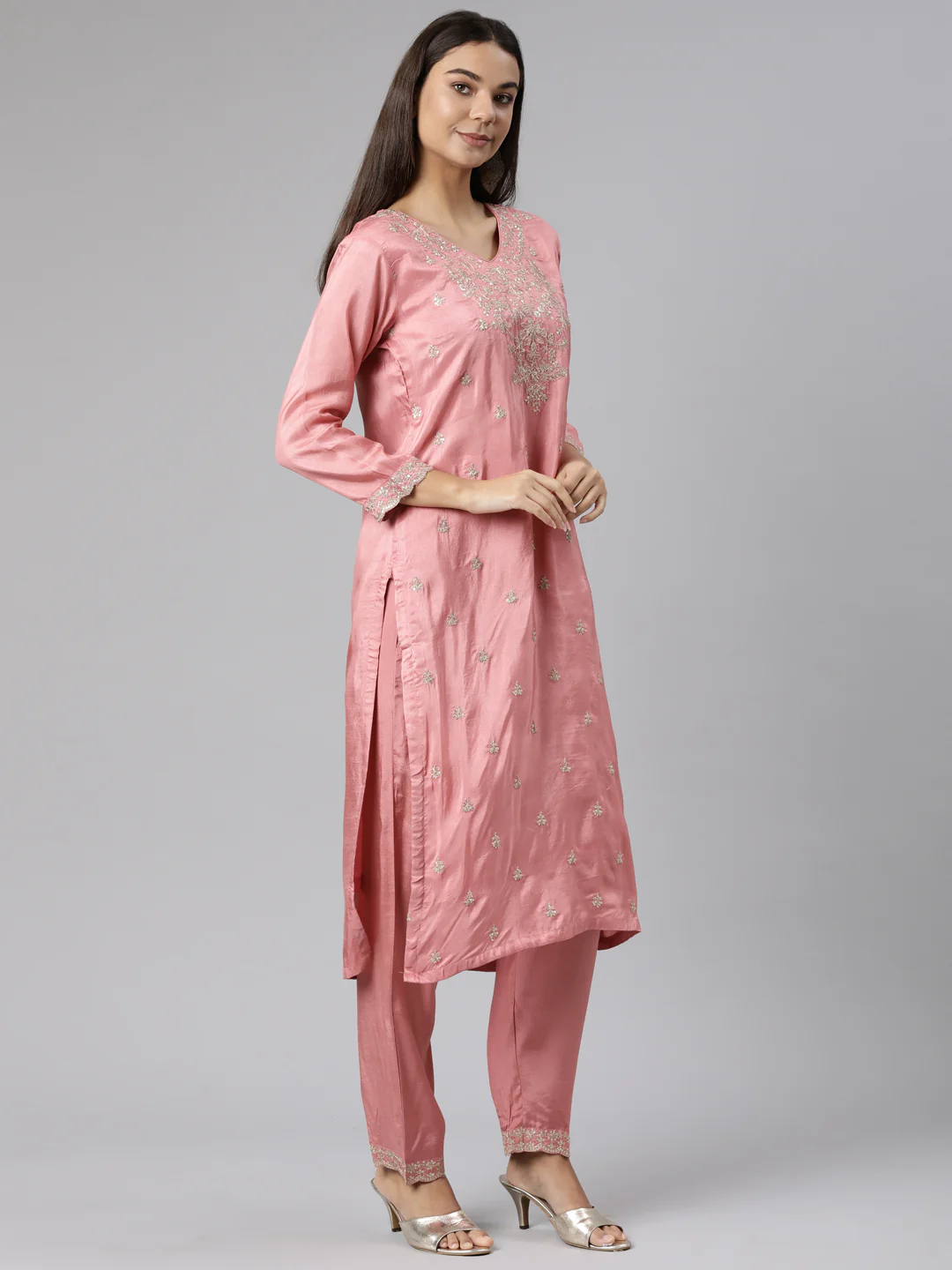 Neerus Pink Regular Straight Floral Kurta And Trousers With Dupatta - Image 2