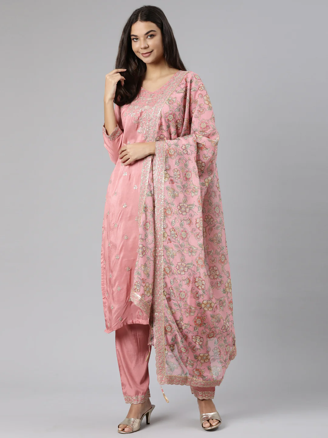 Neerus Pink Regular Straight Floral Kurta And Trousers With Dupatta - Image 5