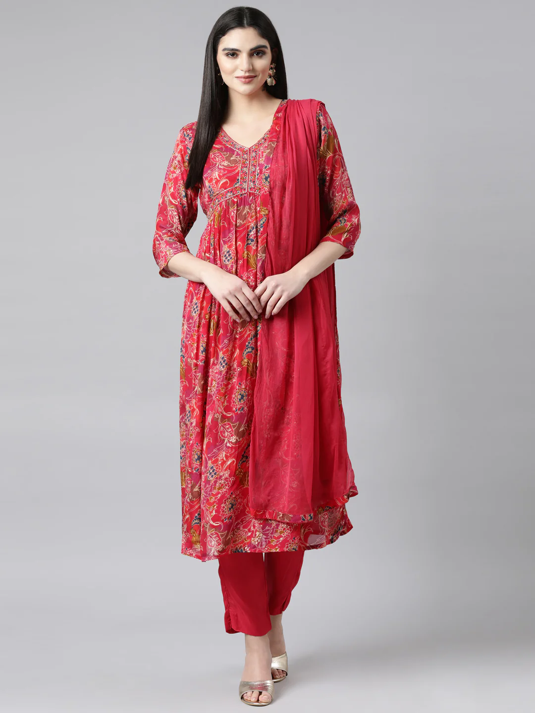 Neerus Pink Regular Straight Floral Kurta And Trousers With Dupatta
