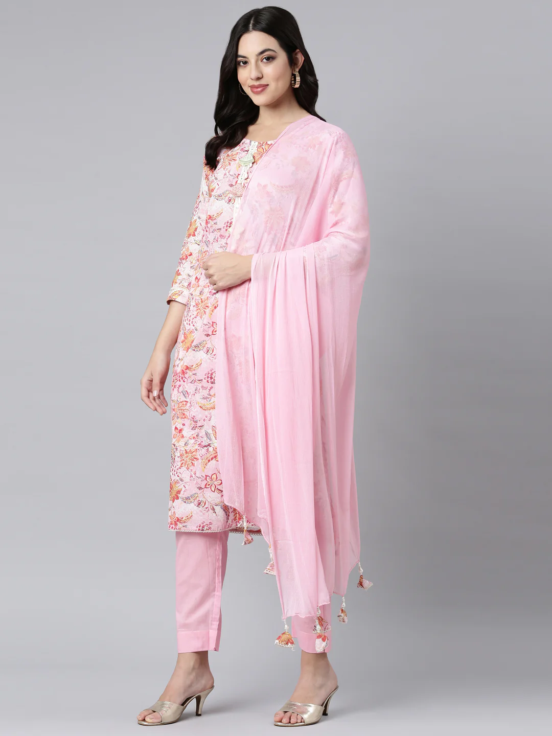Neerus Pink Regular Straight Floral Kurta And Trousers With Dupatta - Image 5