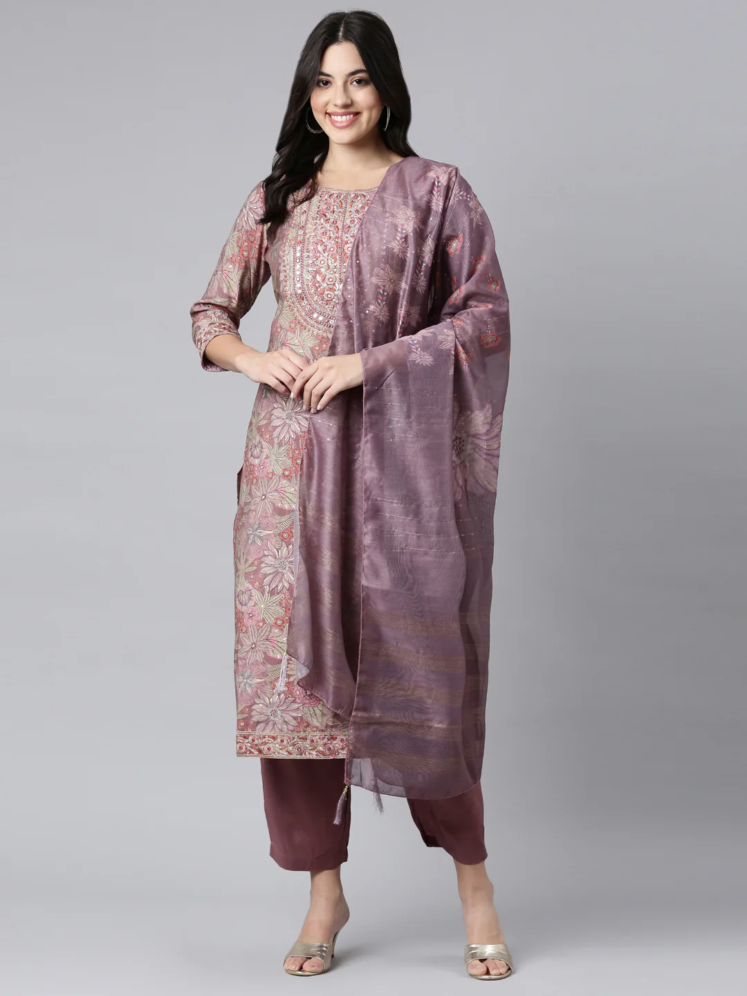 Neerus Pink Regular Straight Floral Kurta And Trousers With Dupatta - Image 5