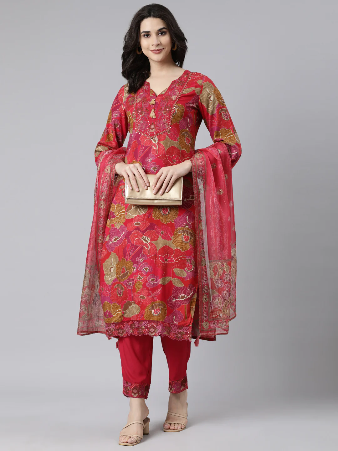 Neerus Pink Regular Straight Floral Kurta And Trousers With Dupatta - Image 5