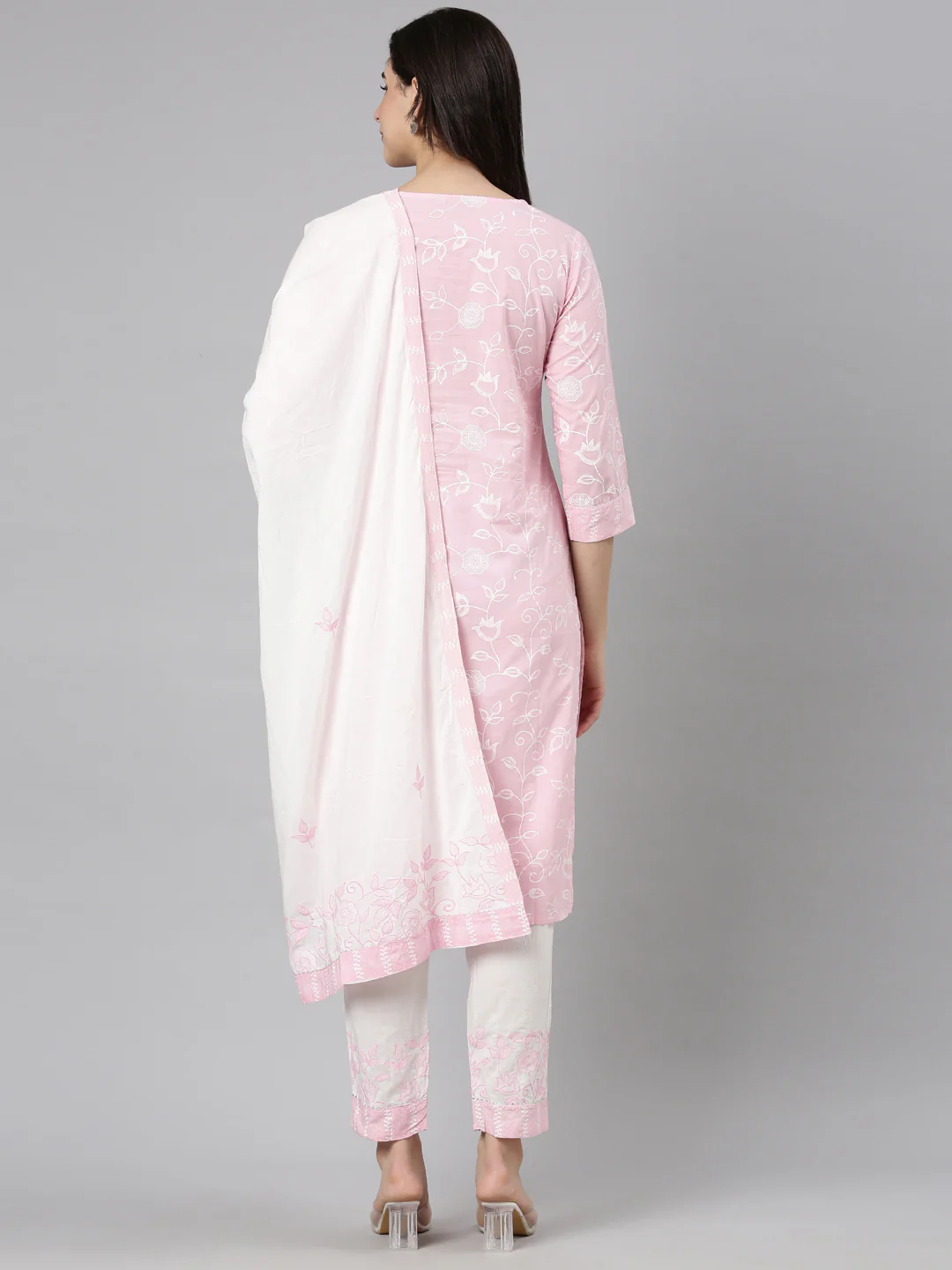 Neerus Pink Regular Straight Floral Kurta And  Trousers With Dupatta - Image 3