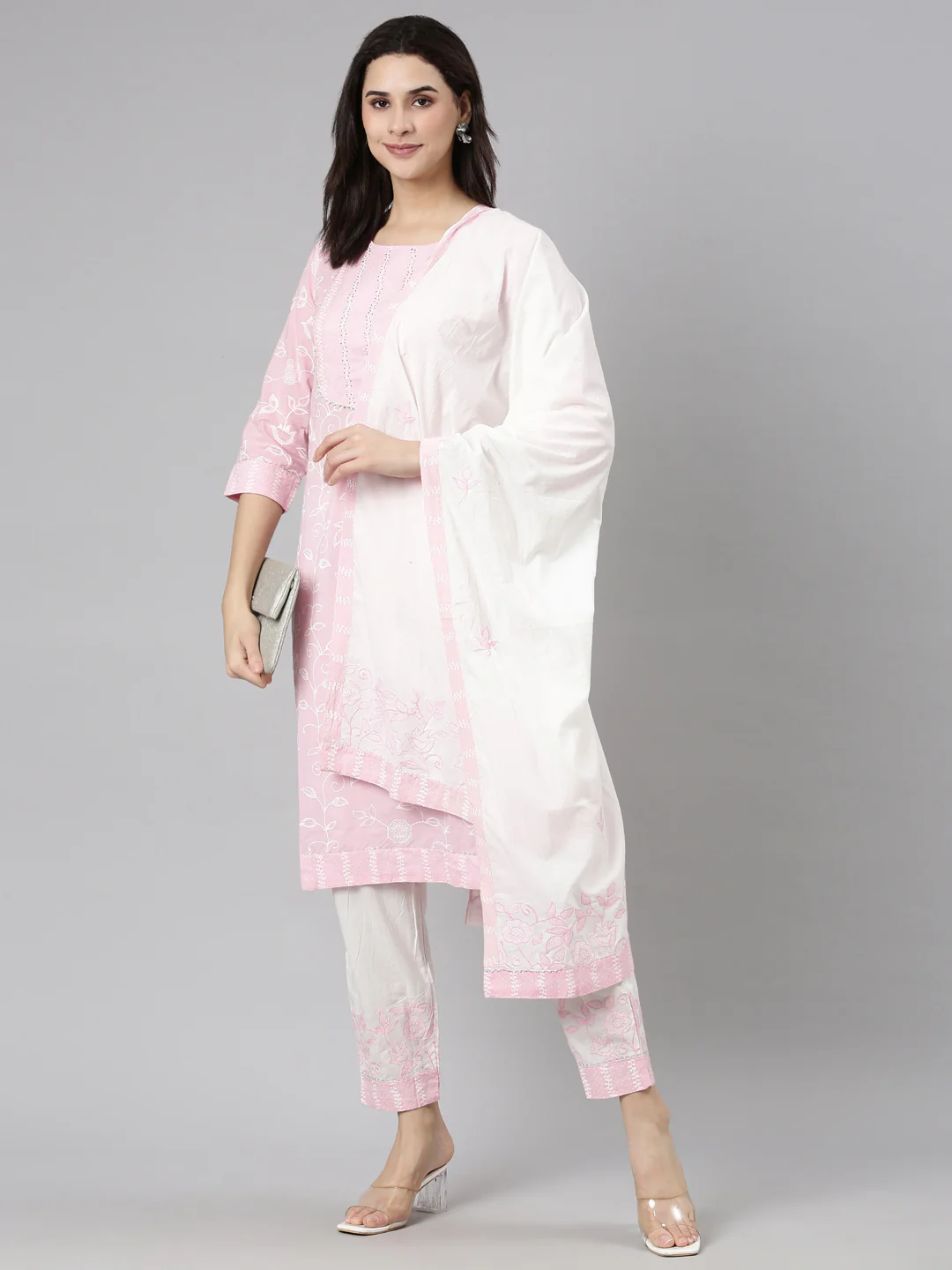 Neerus Pink Regular Straight Floral Kurta And  Trousers With Dupatta - Image 5