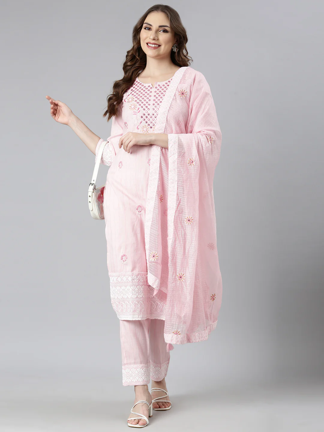 Neerus Pink Regular Straight Floral Kurta And  Trousers With Dupatta - Image 5