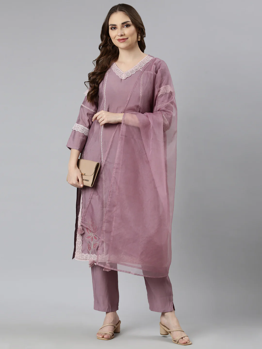 Neerus Pink Regular Straight Floral Kurta And  Trousers With Dupatta - Image 5
