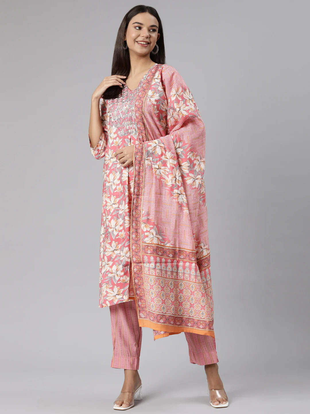 Neerus Pink Regular Straight Floral Kurta And Trousers With Dupatta - Image 5