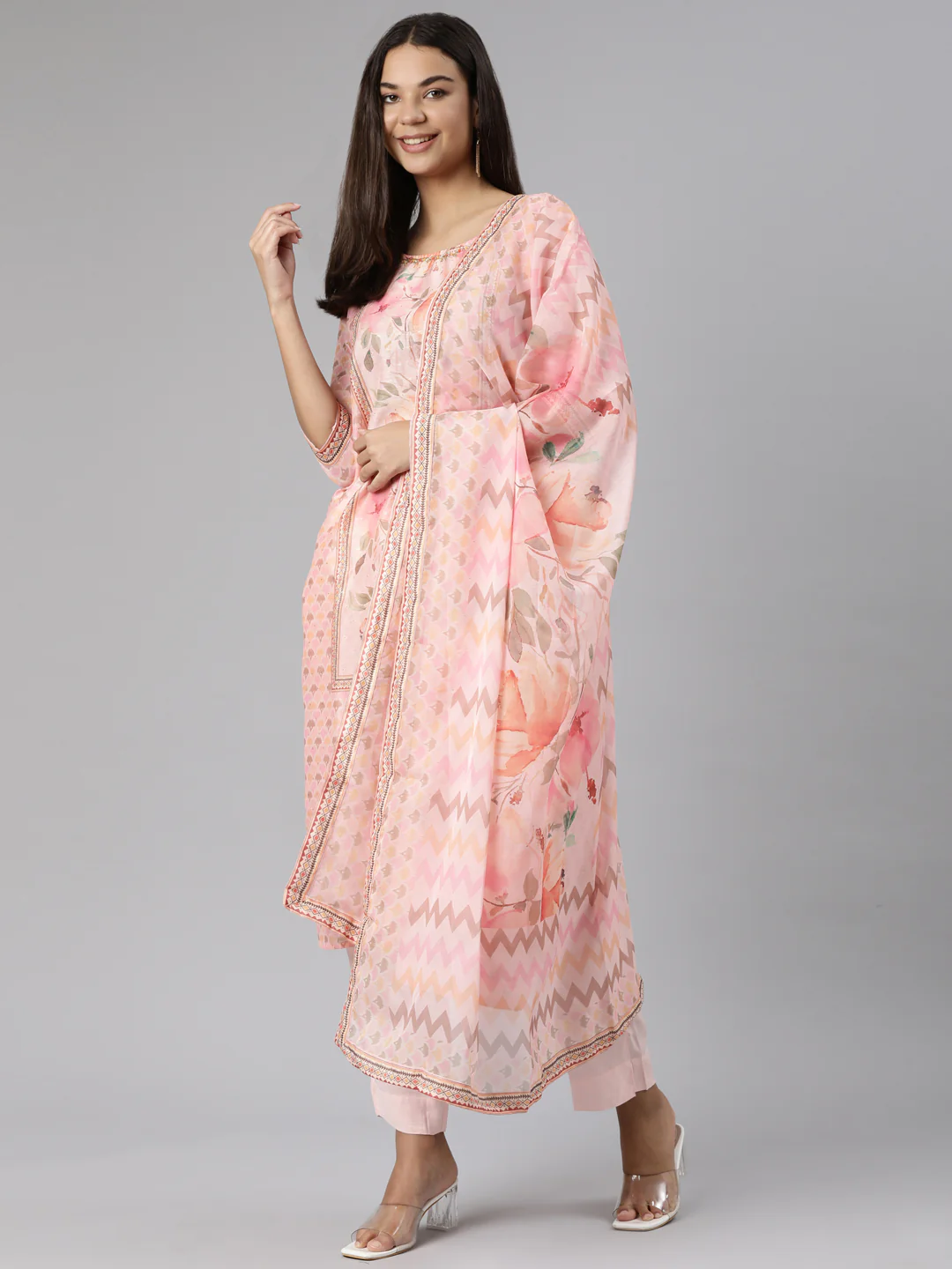 Neerus Pink Regular Straight Floral Kurta And Trousers With Dupatta - Image 4