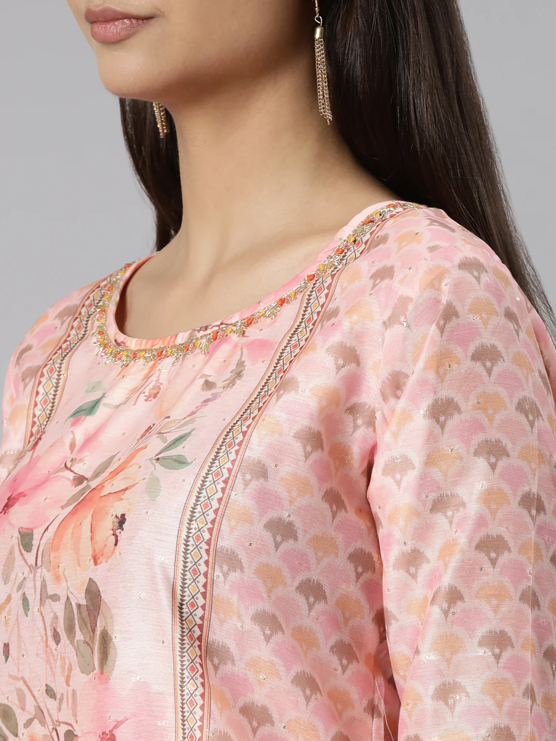 Neerus Pink Regular Straight Floral Kurta And Trousers With Dupatta - Image 5