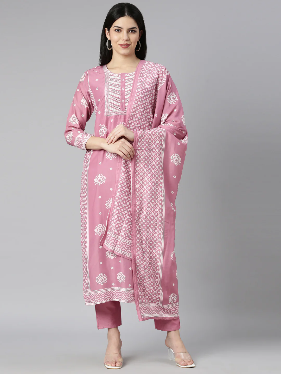 Neerus Pink Regular Straight Floral Kurta And Trousers With Dupatta