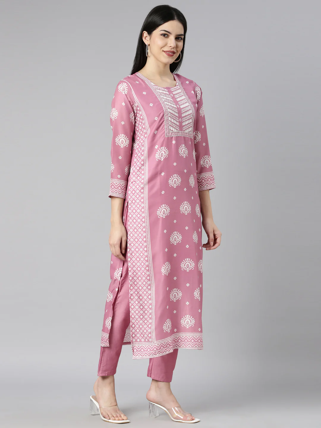 Neerus Pink Regular Straight Floral Kurta And Trousers With Dupatta - Image 2